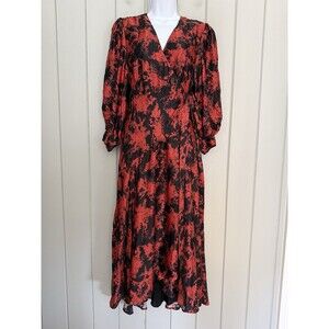 Caballero Maxi Wrap Dress XSP Balloon Sleeve Silk Blend Red Black Elegant
